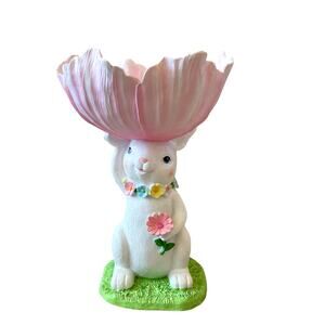 SIMPLY SPRING Bunny Rabbit Holding Pink Flower Candy Bowl 13.5" Easter Decor New